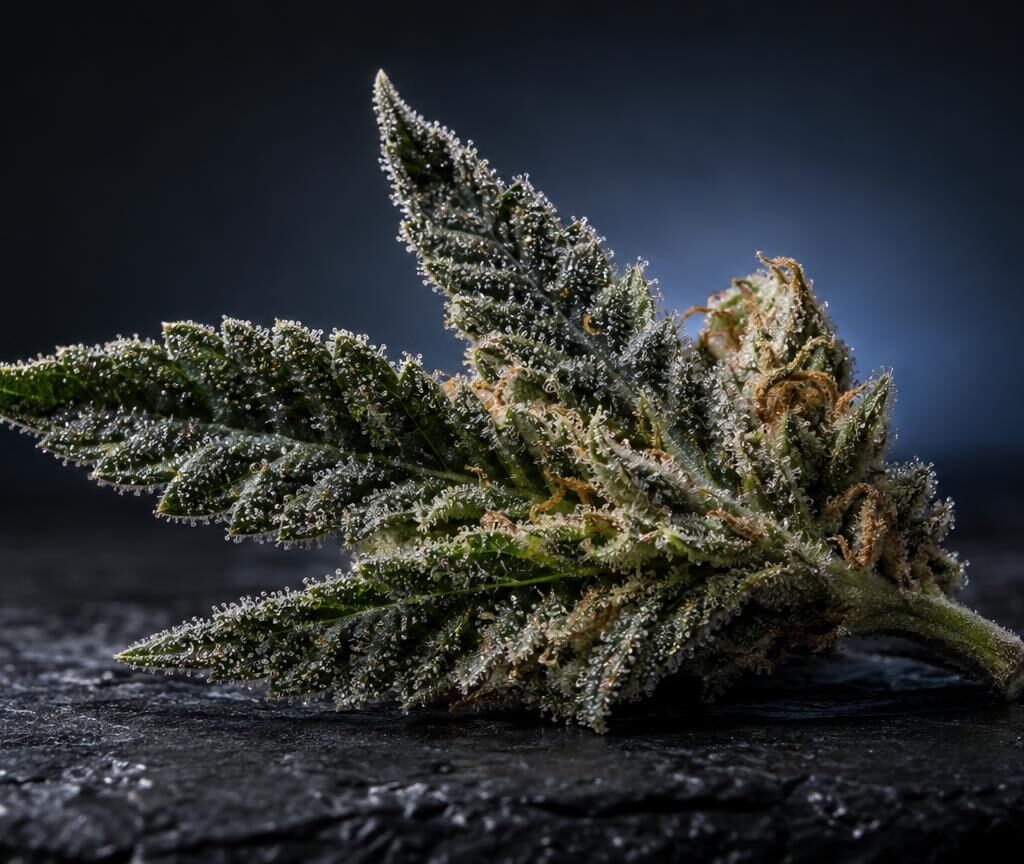 Fleur de cannabis couverte de cristaux blancs, sur fond sombre