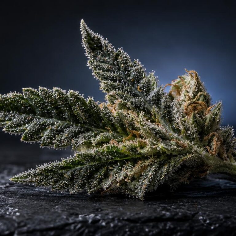 Fleur de cannabis couverte de cristaux blancs, sur fond sombre