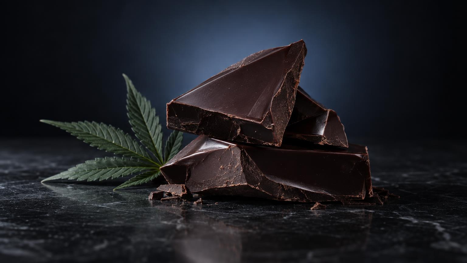 CBD snoep: donkere chocoladestukken gestapeld op donkere ondergrond met groen cannabisblad ernaast