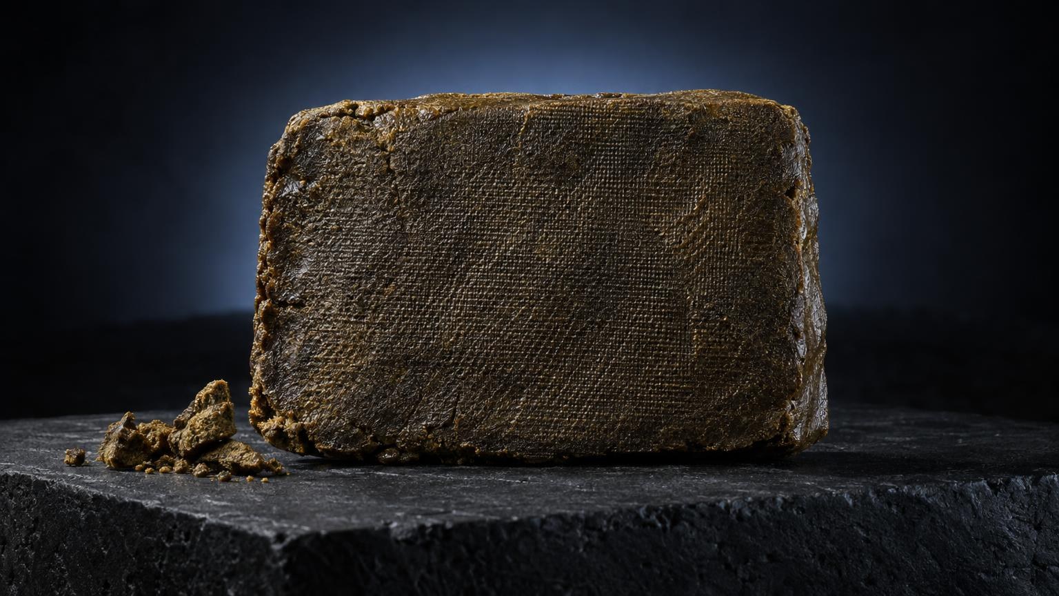 Bloc compacte de résine dorée à texture granuleuse posée sur surface noire, représentant le CBD static