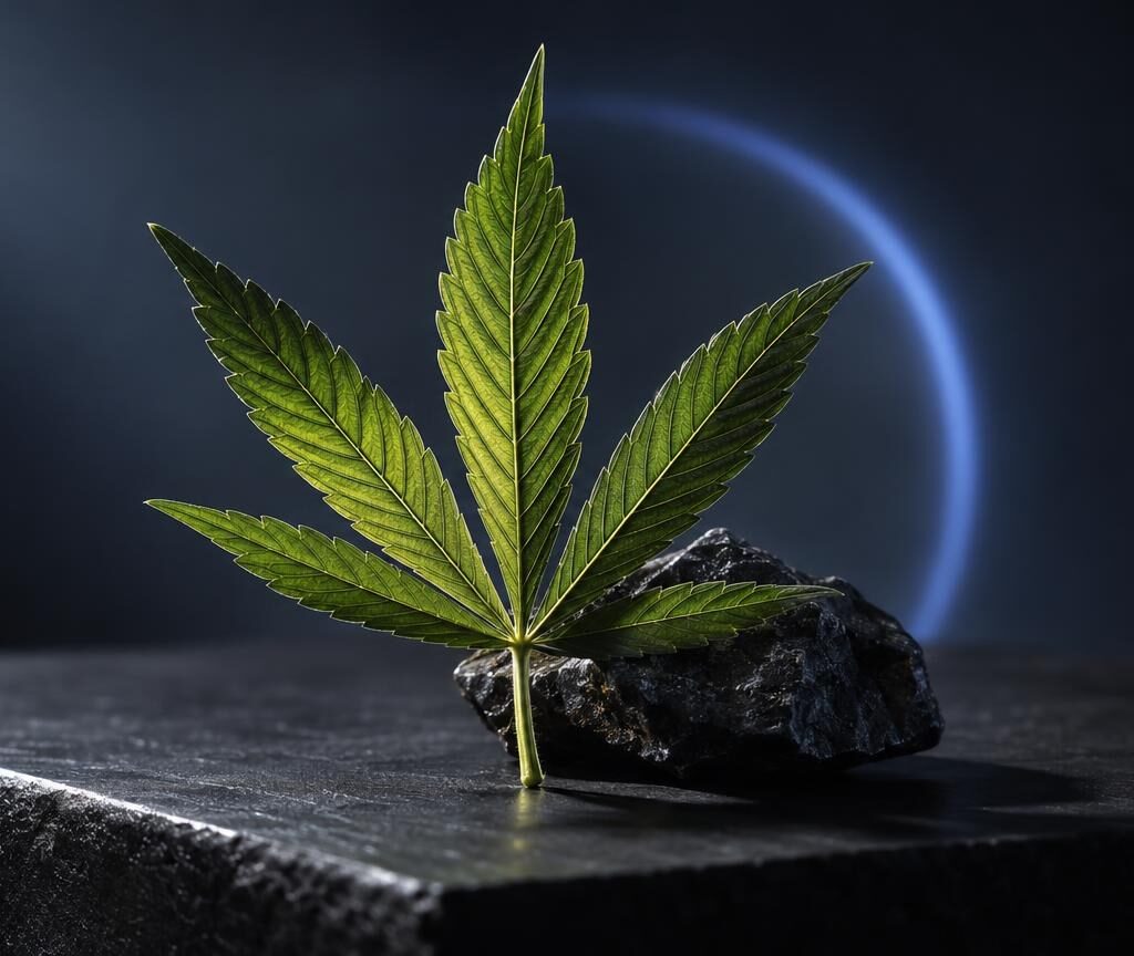 Feuille de cannabis verte sur pierre noire avec lumière bleue, illustration du sujet cbd test salivaire témoignage