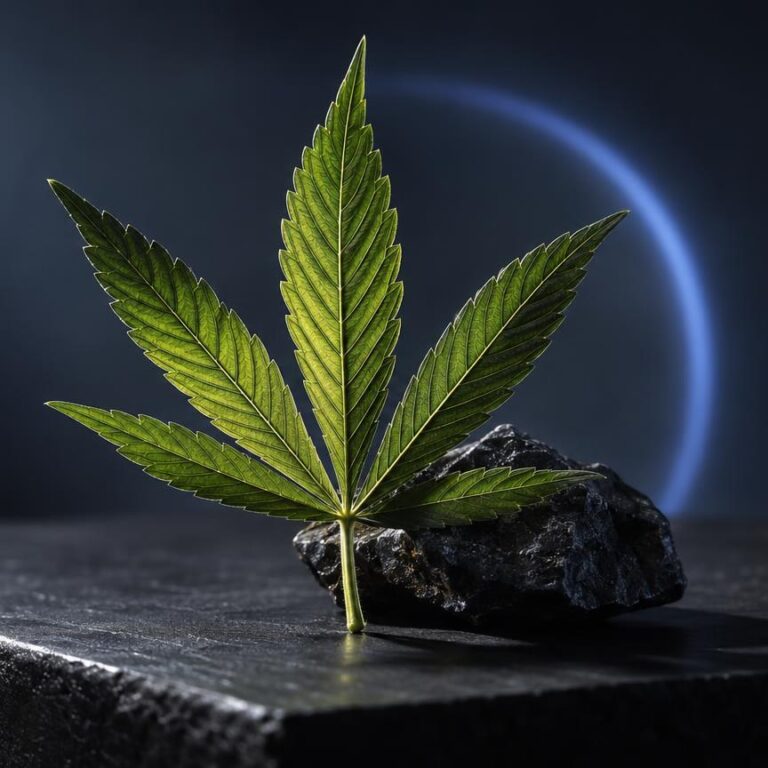 Feuille de cannabis verte sur pierre noire avec lumière bleue, illustration du sujet cbd test salivaire témoignage