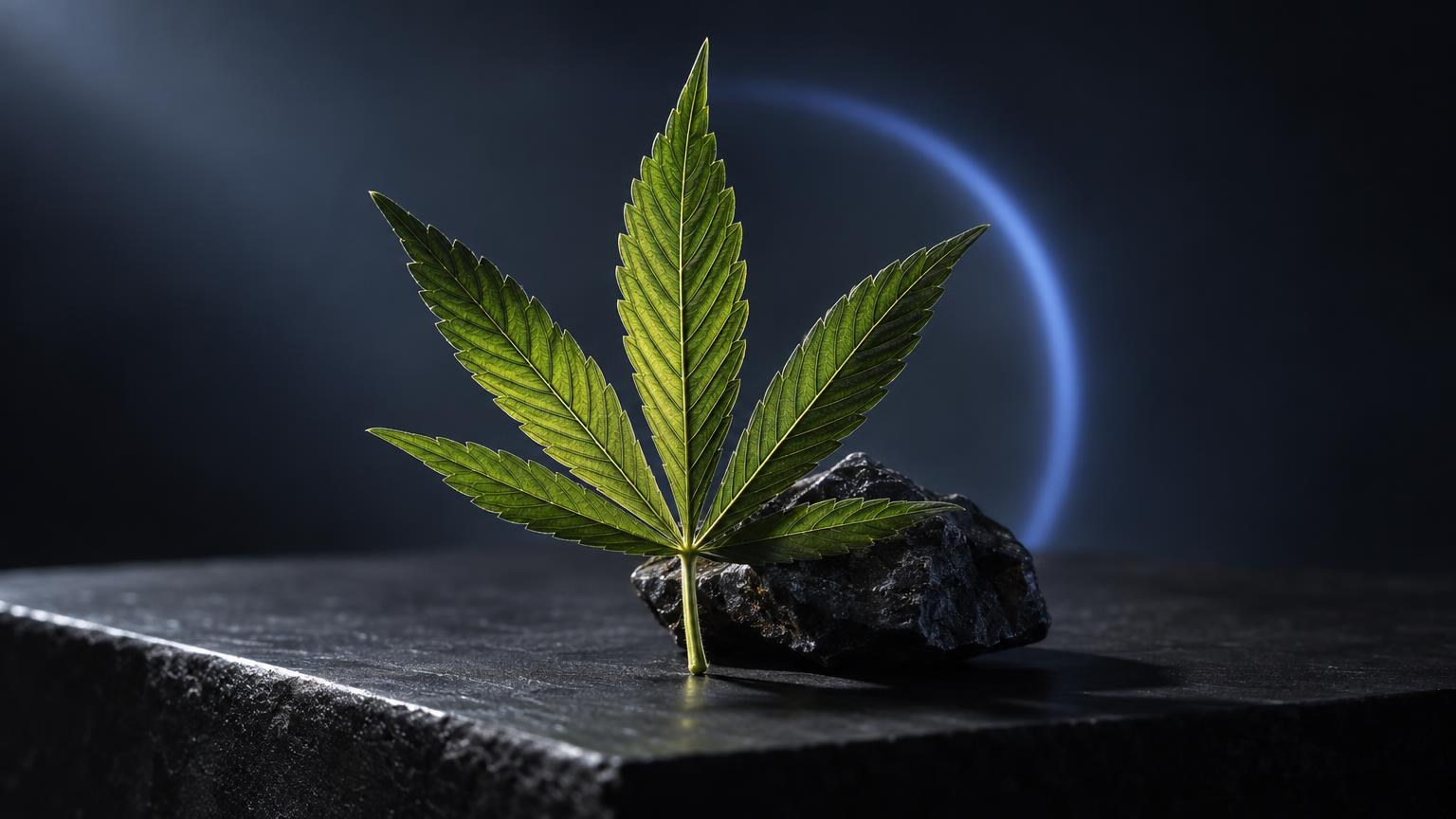 Feuille de cannabis verte sur pierre noire avec lumière bleue, illustration du sujet cbd test salivaire témoignage