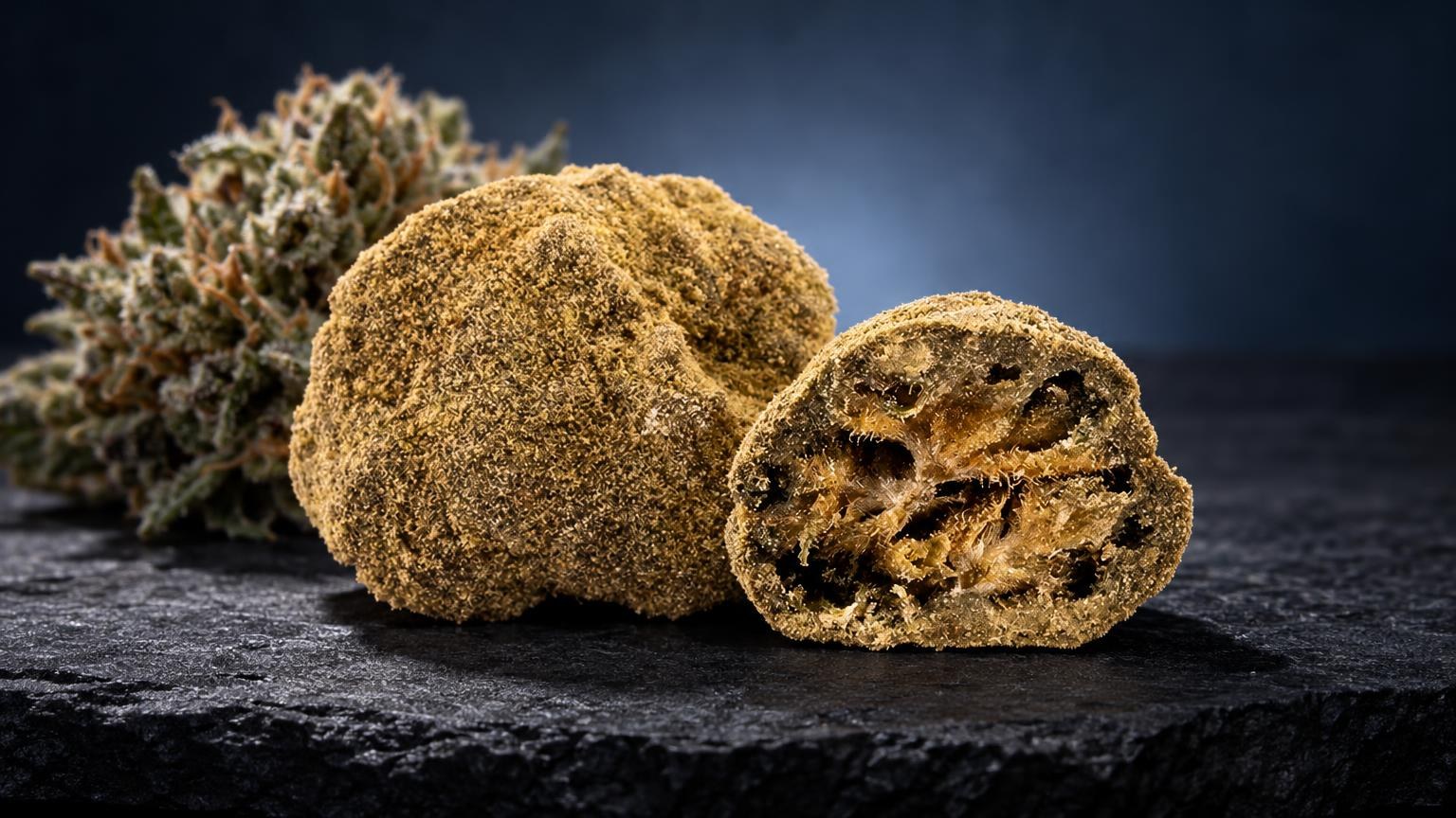 CBN effet : moon Rock CBN doré aux formes arrondies, texture granuleuse et compacte, avec fleur séchée en arriÚre-plan
