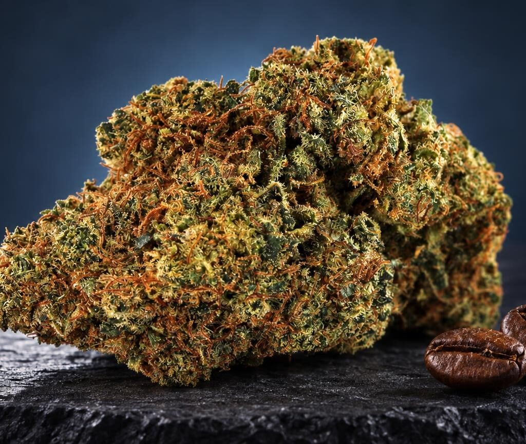 Fleur de Diamond Kush aux teintes or et vert, texture cristalline, accompagnée de graines de cacao sur surface noire
