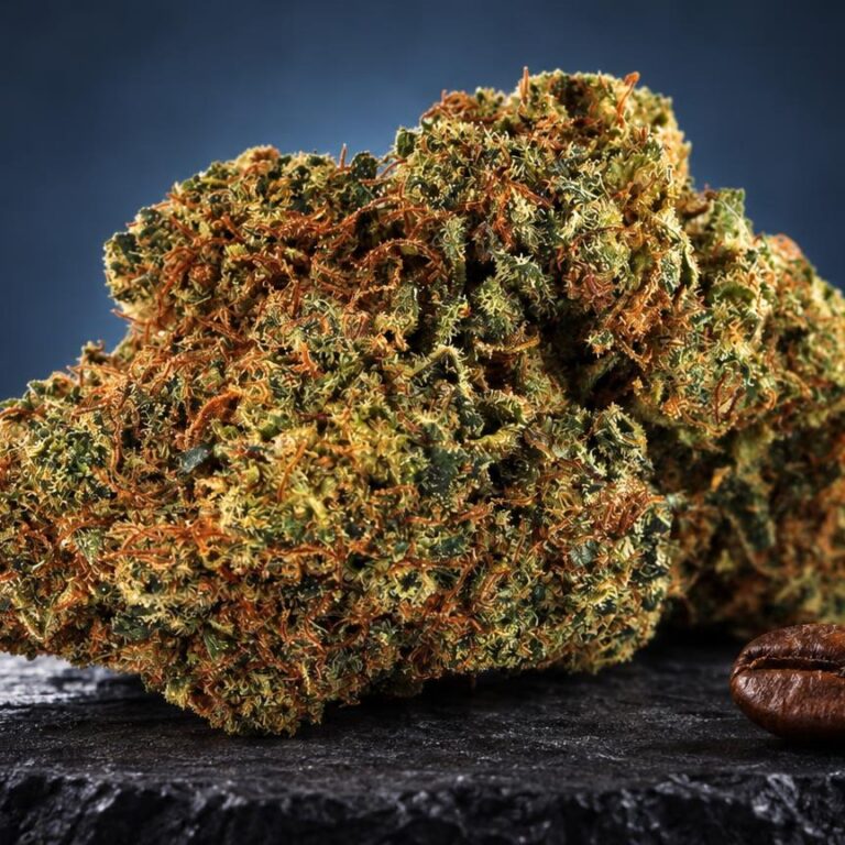 Fleur de Diamond Kush aux teintes or et vert, texture cristalline, accompagnée de graines de cacao sur surface noire
