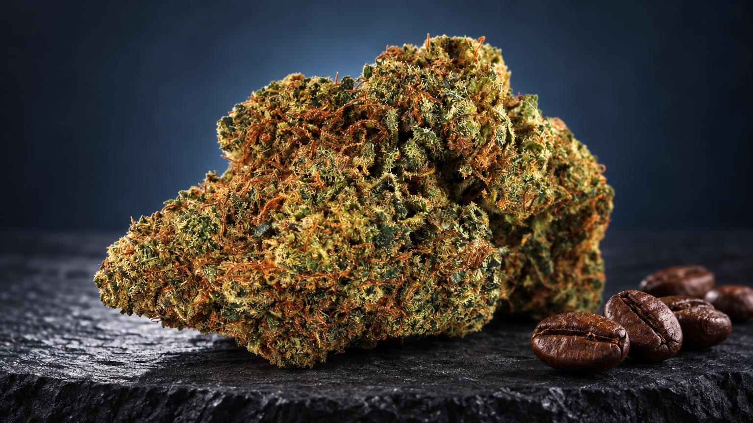 Fleur de Diamond Kush aux teintes or et vert, texture cristalline, accompagnée de graines de cacao sur surface noire