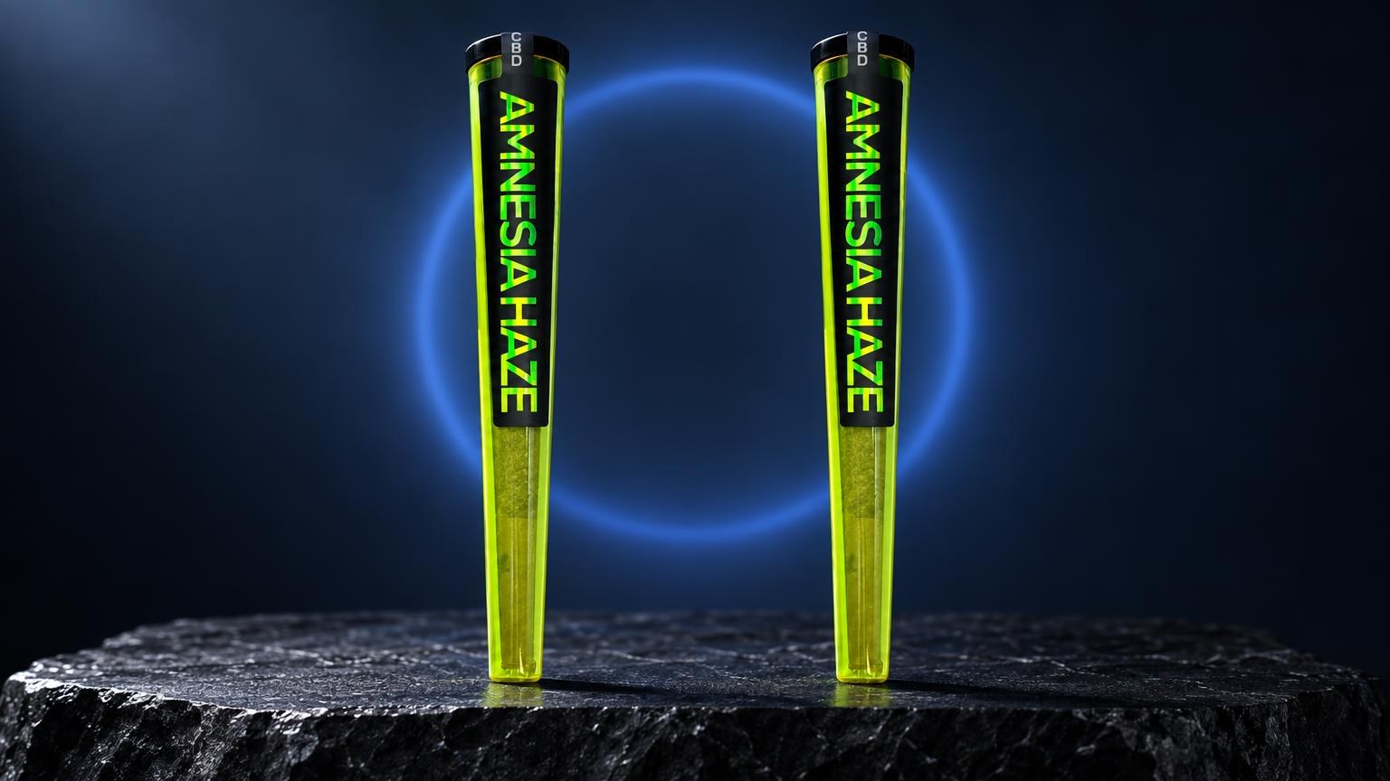 Cigarette CBD : deux pré-roulés jaune fluo avec inscription noire, posés sur pierre
