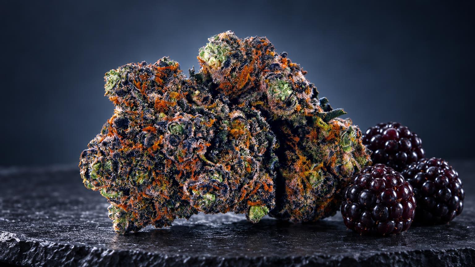 Cogollos de CBD: cogollo denso con tricomas dorados y tonos púrpura, junto a moras silvestres