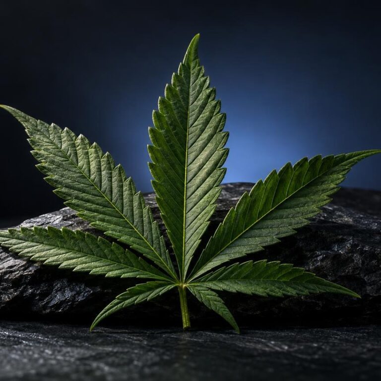 Feuille de cannabis aux sept folioles caractéristiques, posée sur une pierre, combien de temps le thc reste dans le sang