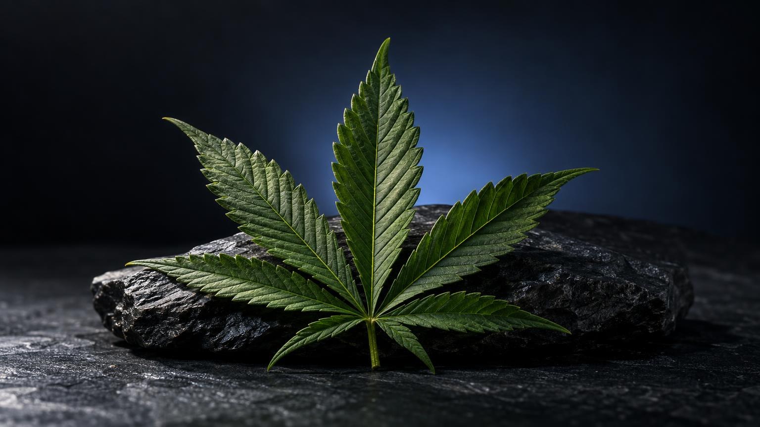 Feuille de cannabis aux sept folioles caractéristiques, posée sur une pierre, combien de temps le thc reste dans le sang
