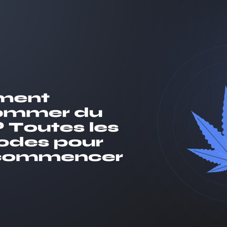 Comment consommer du CBD ? Toutes les méthodes pour bien commencer — titre sur fond sombre, feuille de chanvre stylisée
