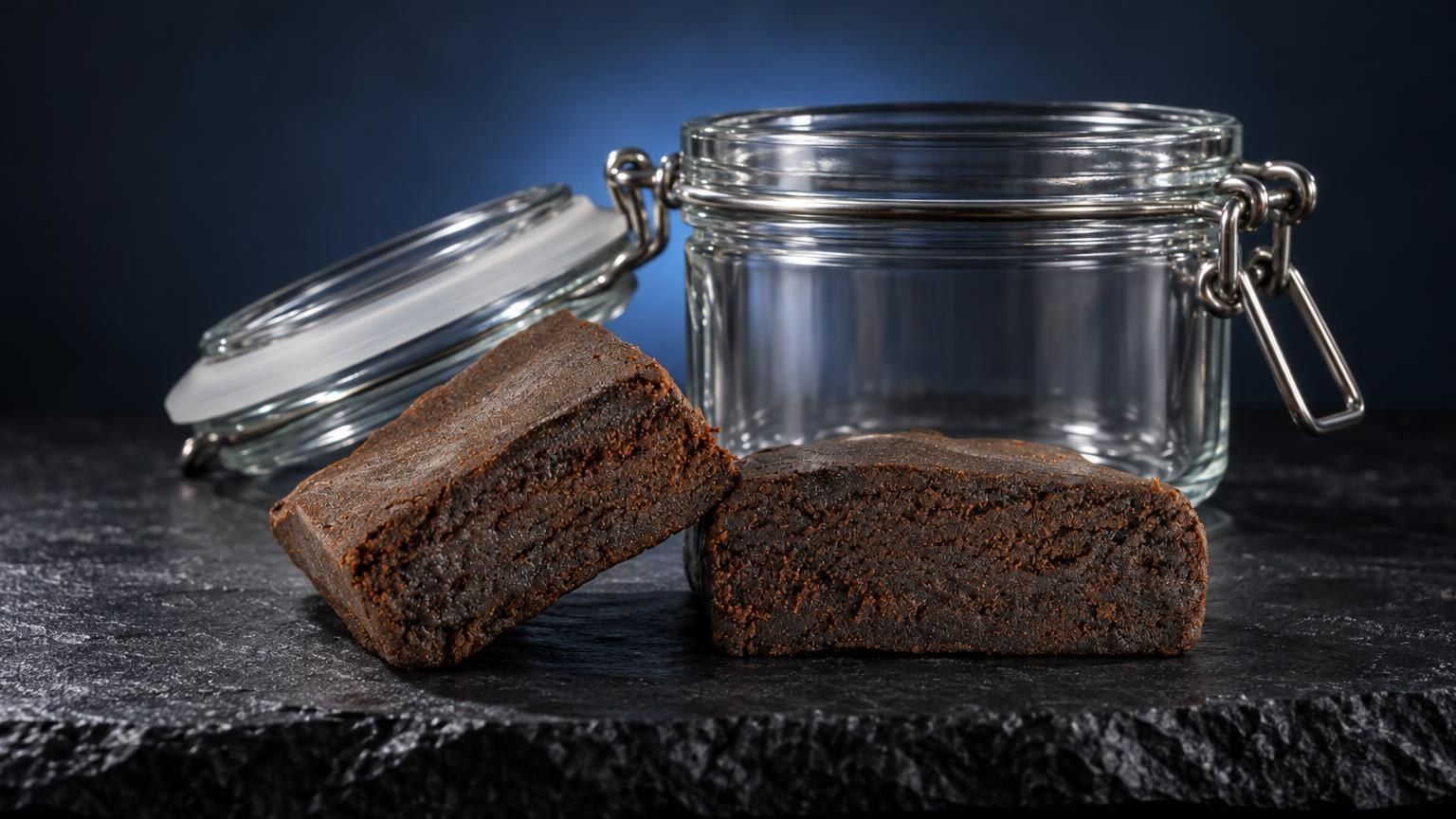 Conserver le hash : deux briques de hash brun foncé devant un pot hermétique en verre transparent, sur surface grise