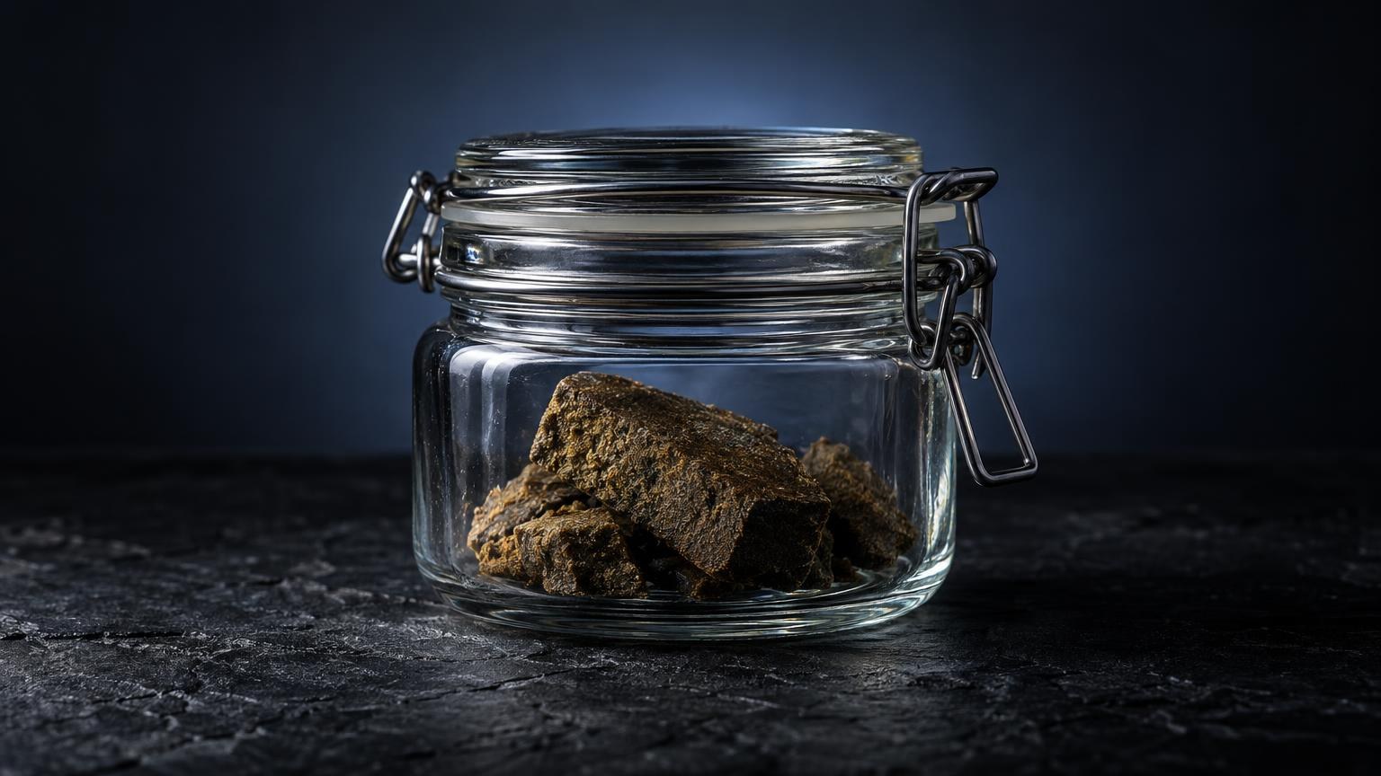 Conserver le hash : pot en verre hermétique contenant du hash de couleur marron clair, posé sur surface sombre