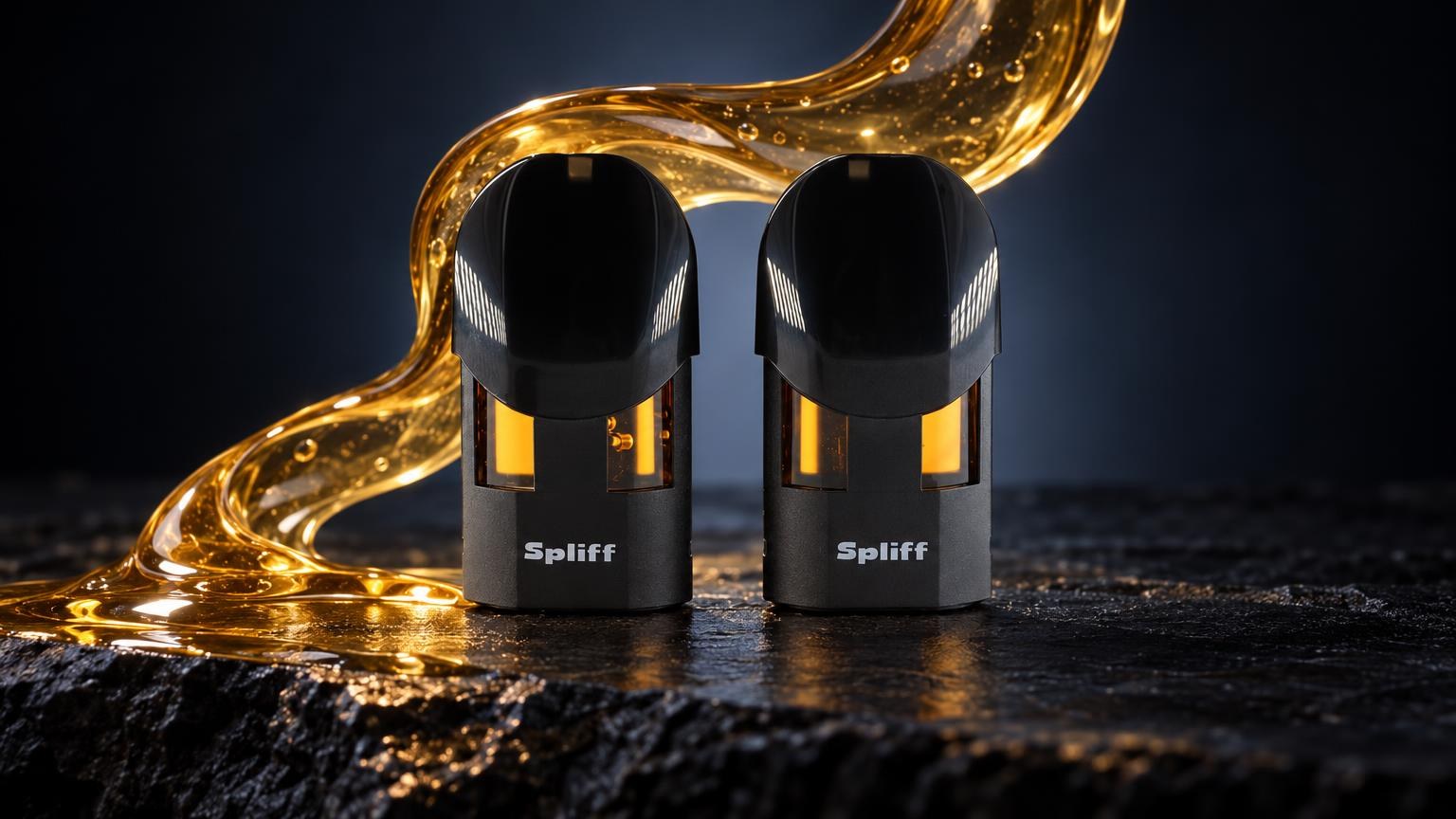Dab Pen: zwei Magic Pod aus grauem Kunststoff mit schwarzen Deckeln, golden glänzendes Konzentrat fließt darüber
