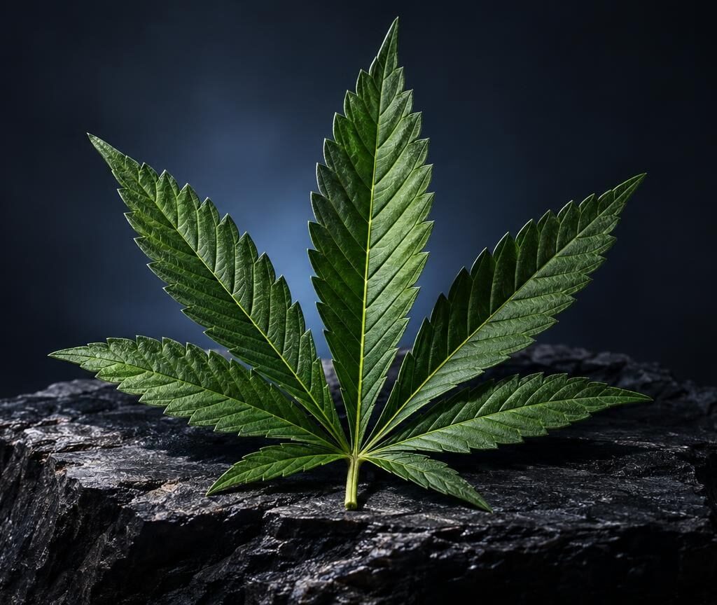 Feuille de cannabis aux sept folioles vertes sur une roche, illustrant la matière première avant Décarboxylation : c'est quoi