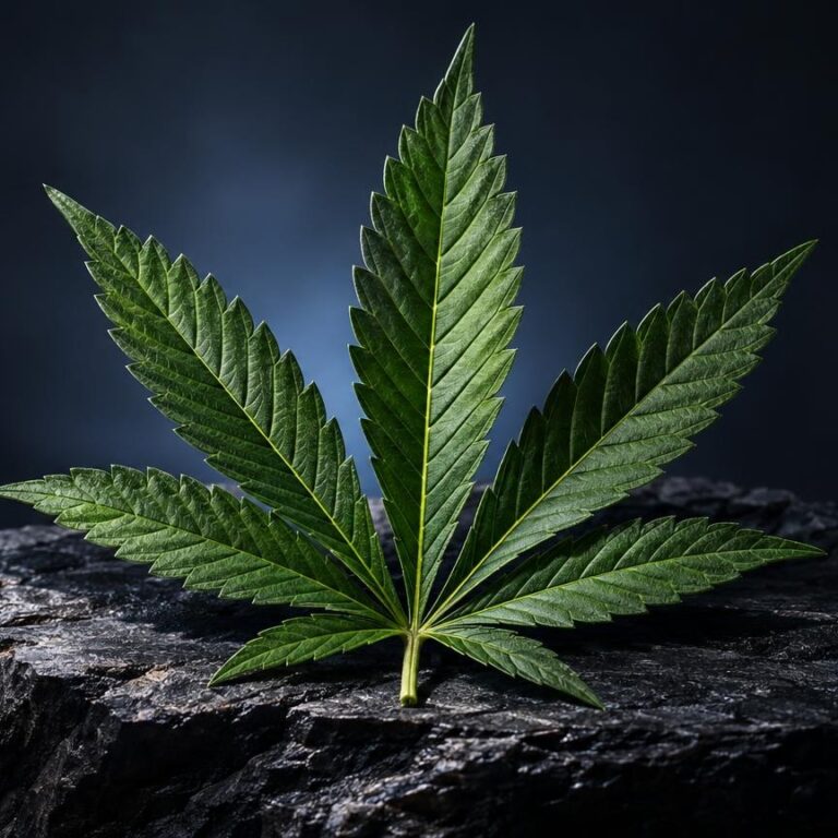 Feuille de cannabis aux sept folioles vertes sur une roche, illustrant la matière première avant Décarboxylation : c'est quoi