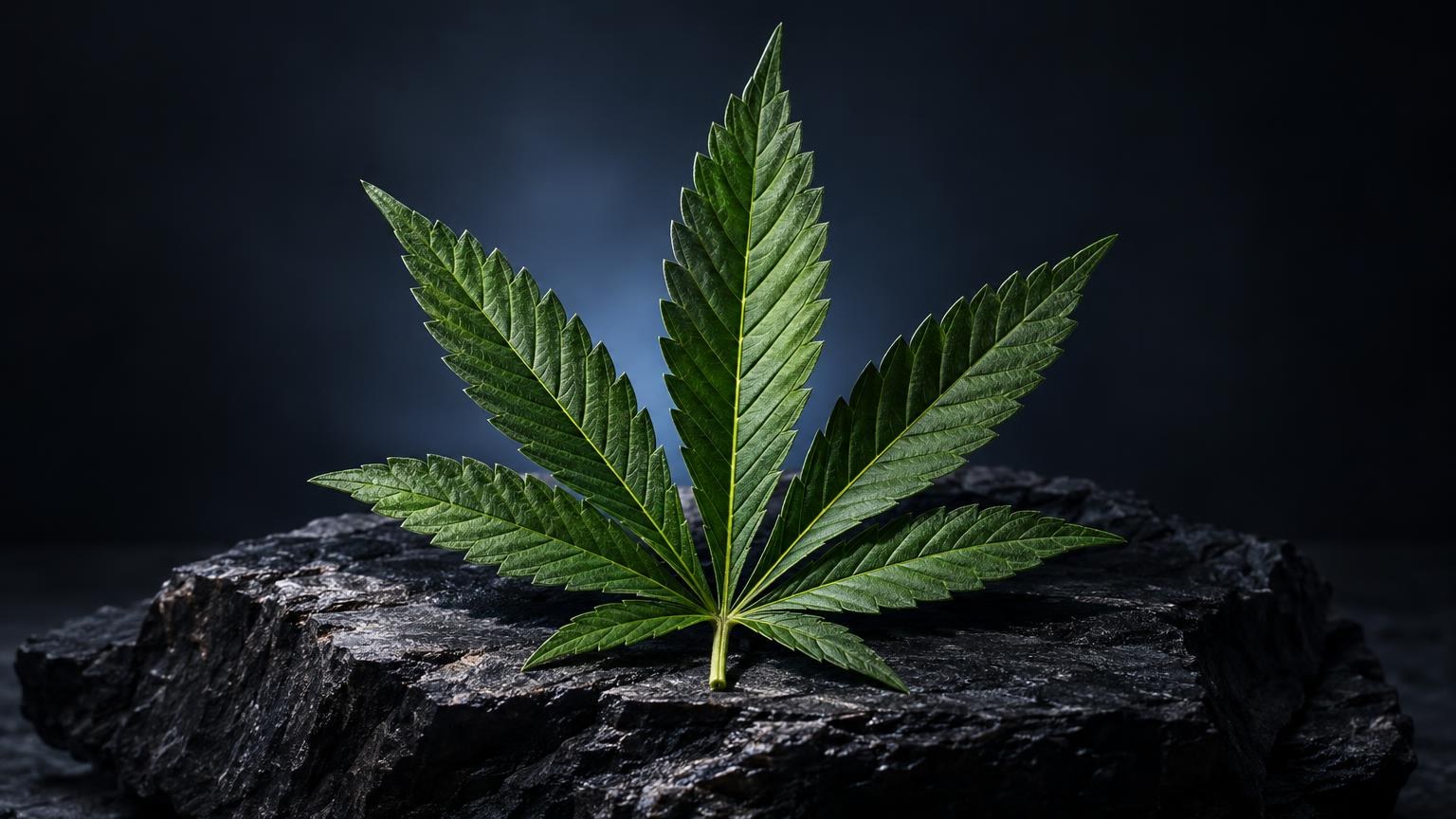 Feuille de cannabis aux sept folioles vertes sur une roche, illustrant la matière première avant Décarboxylation : c'est quoi