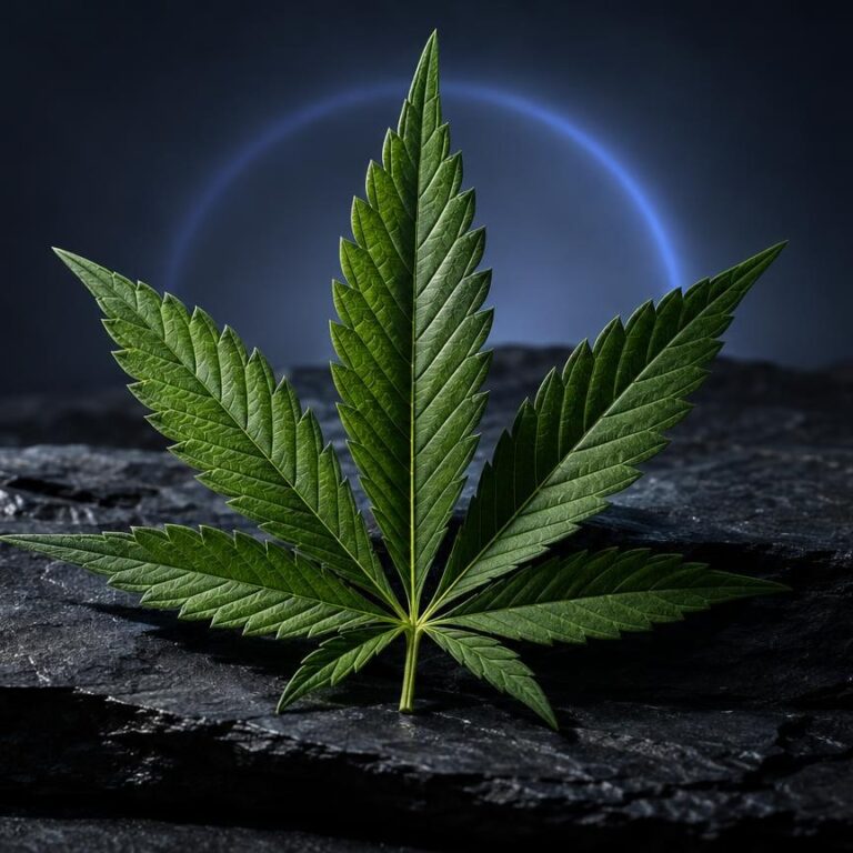 Feuille de cannabis aux cinq folioles vertes, posée sur roche grise avec halo lumineux, symbole botanique du Delta-9 THC