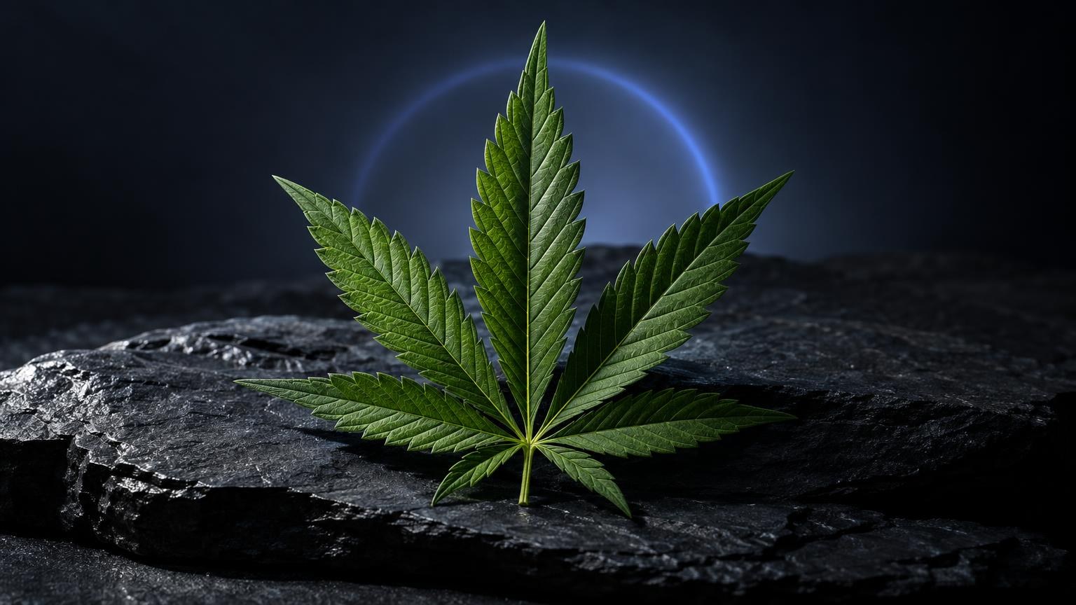 Feuille de cannabis aux cinq folioles vertes, posée sur roche grise avec halo lumineux
