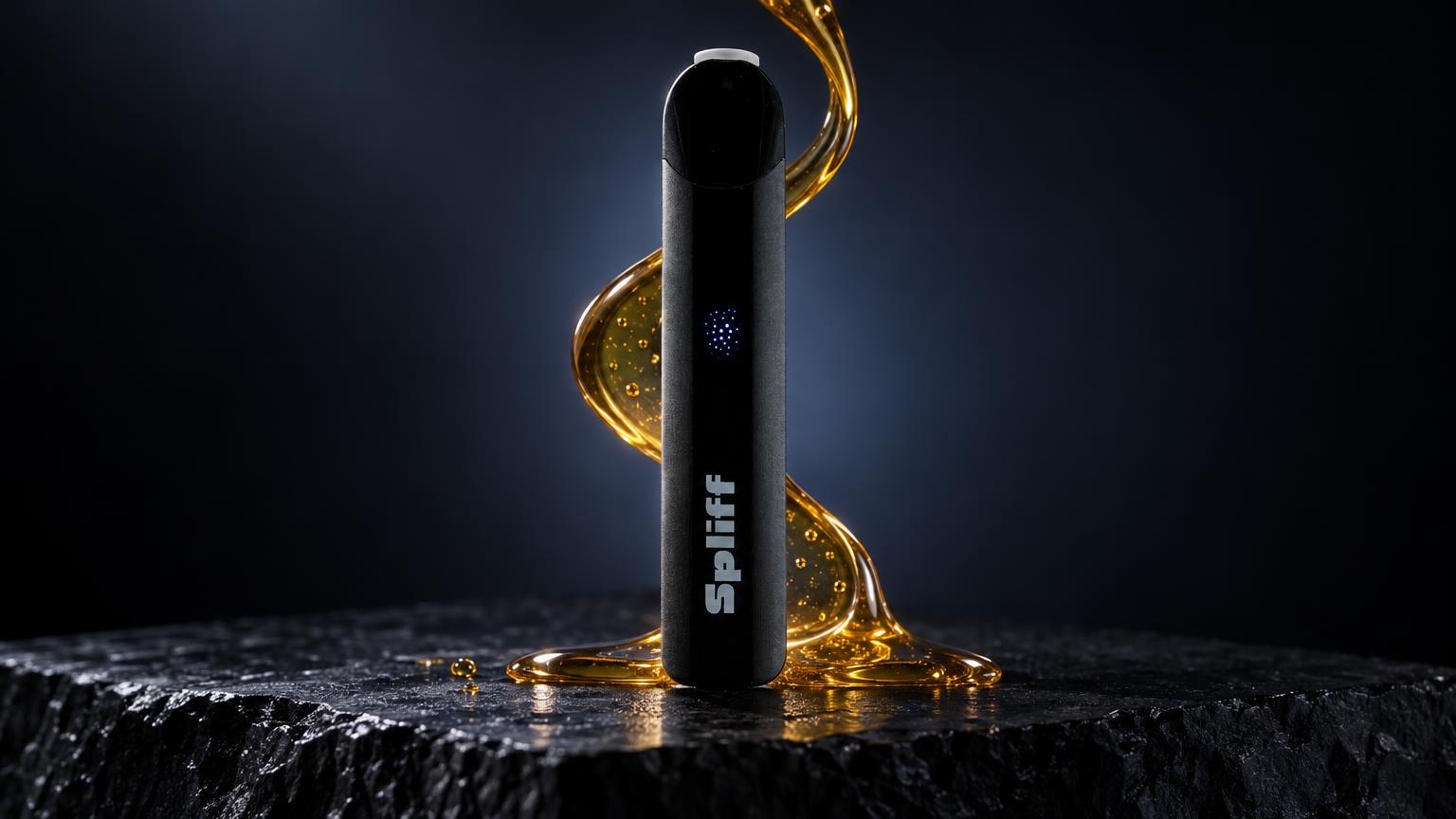 Vaporisateur Magic Vape noir cylindrique avec dorures liquides, symbolisant les distinctions entre chanvre et cannabis