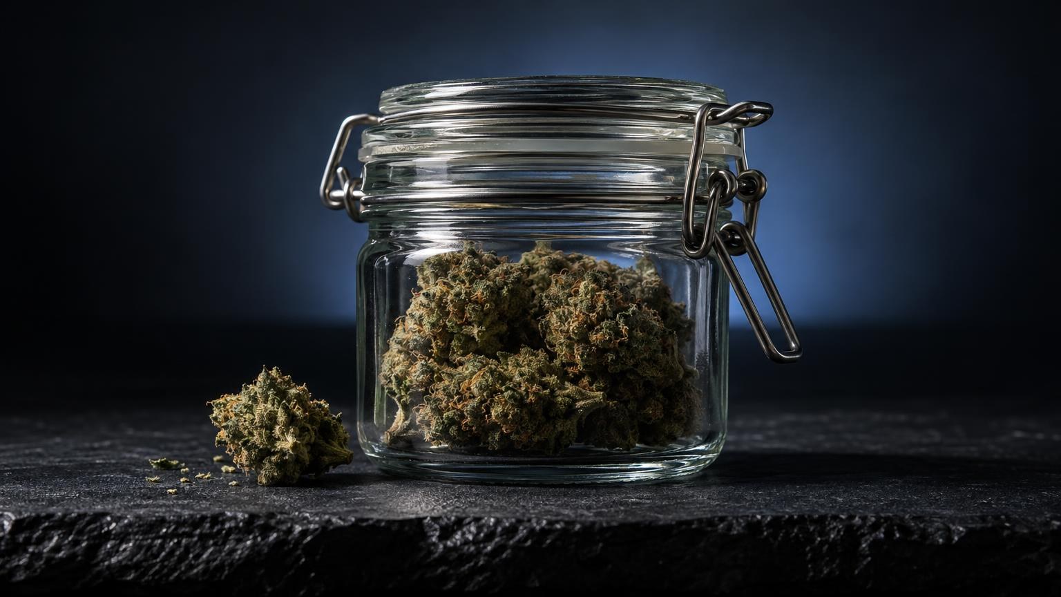 Glass jar with airtight clasp containing dried cannabis buds, demonstrating proper storage for Does Weed Expire preserva