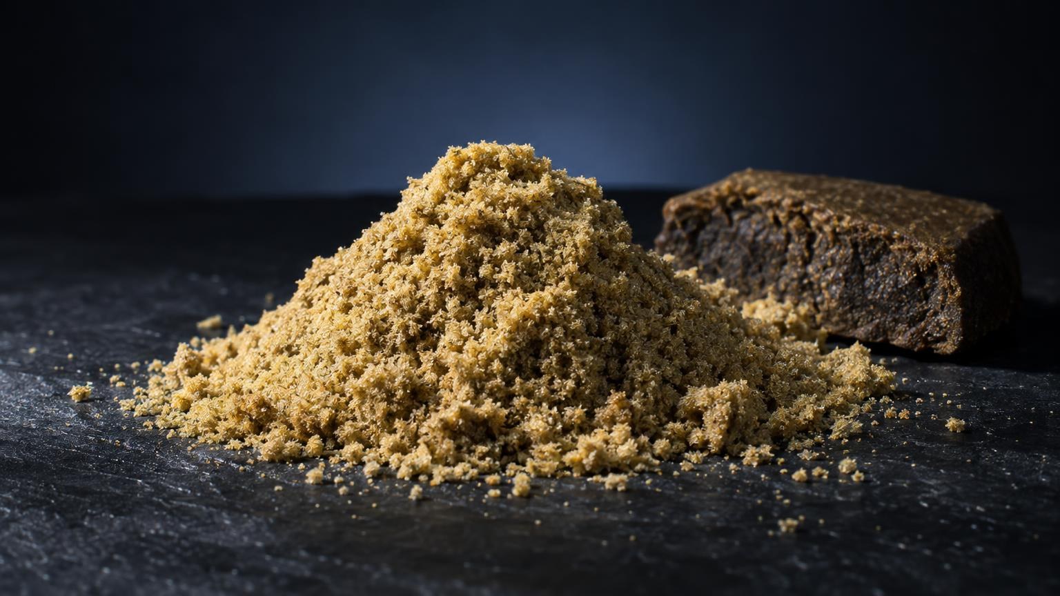 Golden granular powder and brown compressed block on dark surface, showing Dry Sift production forms