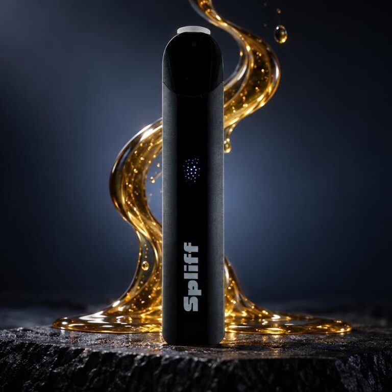 Stylo vape noir avec logo blanc sur socle rocheux, entouré de liquide doré brillant, contexte e-liquide THC