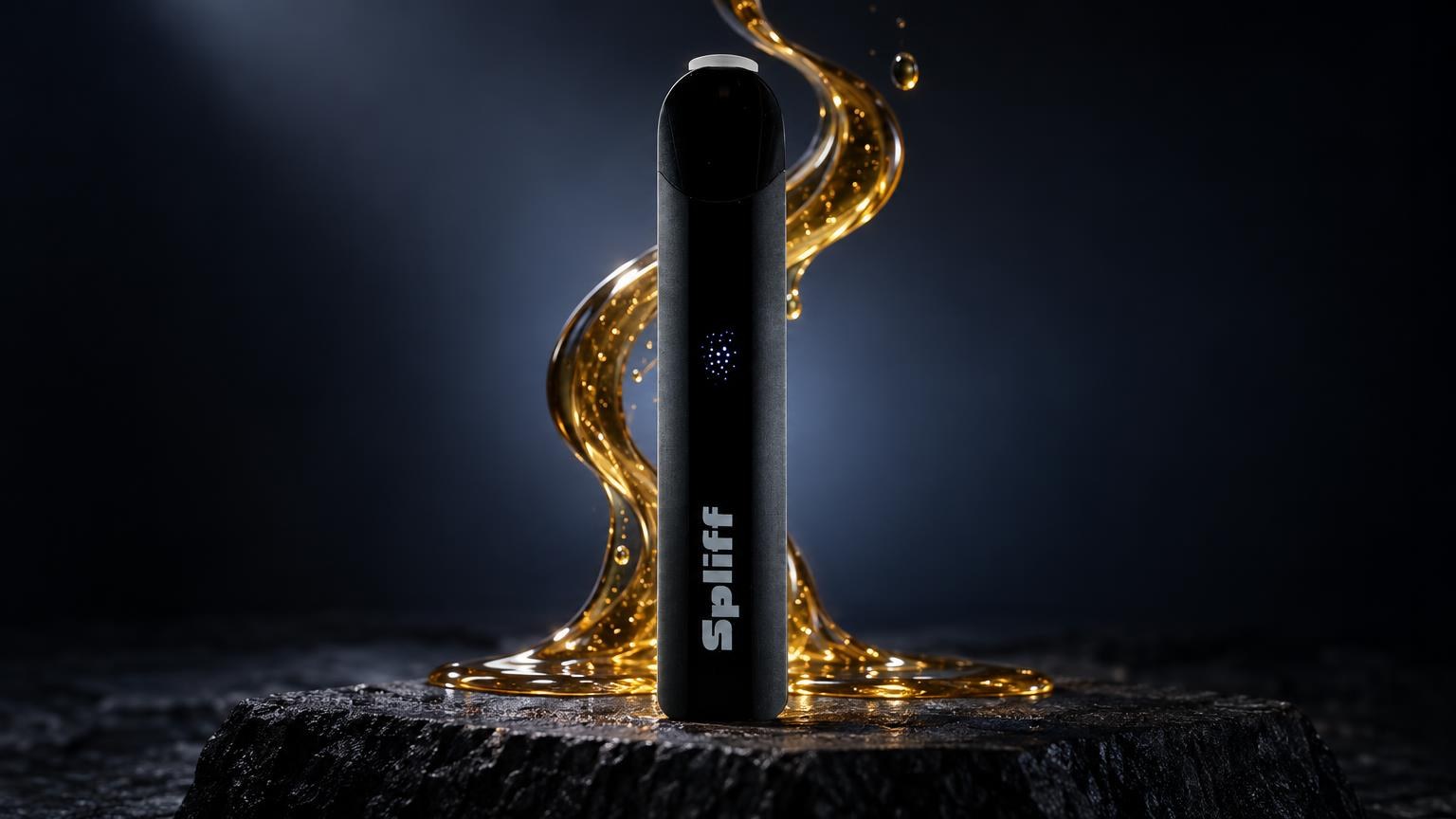 Stylo vape noir avec logo blanc sur socle rocheux, entouré de liquide doré brillant, contexte e-liquide THC