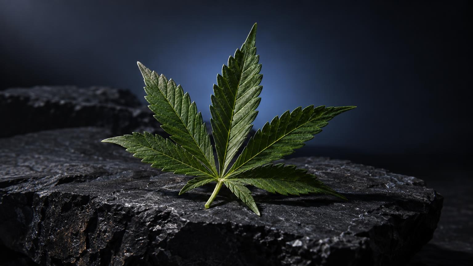 Edible: foglia verde con sette punte su roccia scura, illustra la materia prima degli edibili