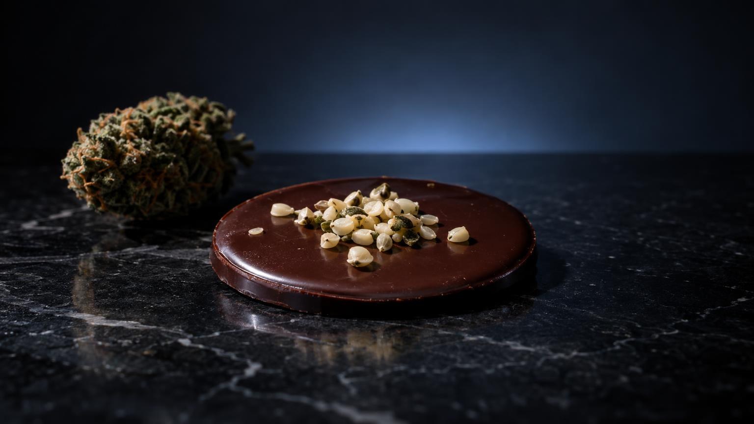 Edible treasure: donkerbruine ronde taart met nootjes erop, naast gedroogde cannabis-bloem
