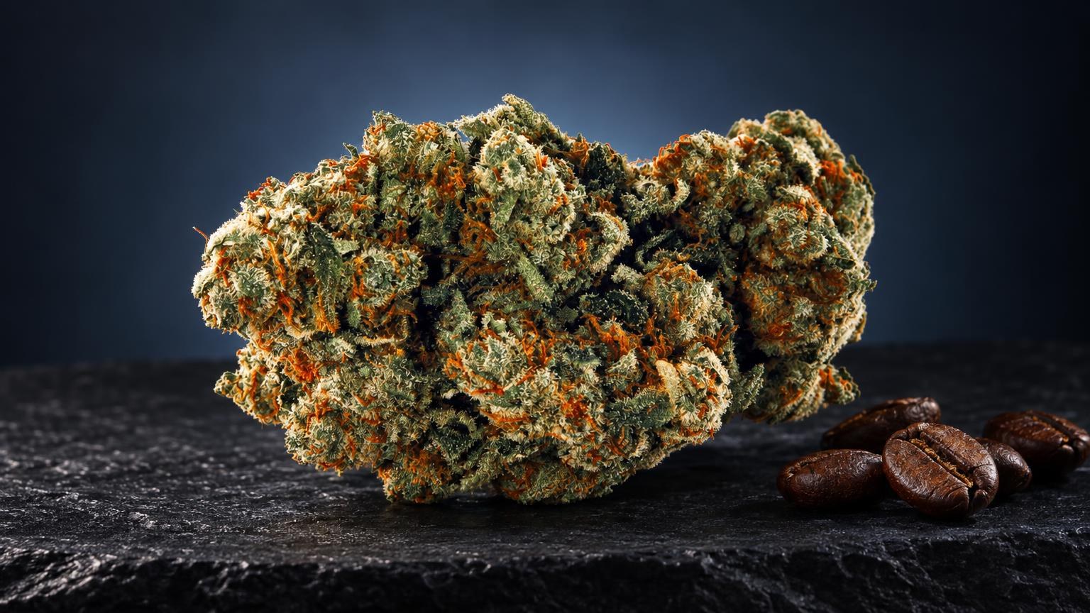 Dichte Cannabisblüten der Sorte Amnesia mit grünen und orangefarbenen Härchen auf schwarzem Untergrund, daneben Kaffeebo