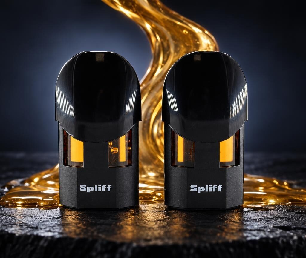 Fleshlifh : deux Magic Pod noirs brillants avec accents dorés, entourés de traînées dorées lumineuses sur surface humide