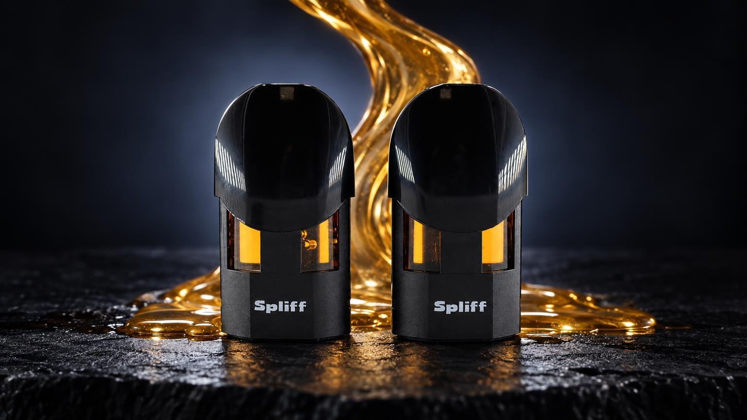 Fleshlifh : deux Magic Pod noirs brillants avec accents dorés, entourés de traßnées dorées lumineuses sur surface humide