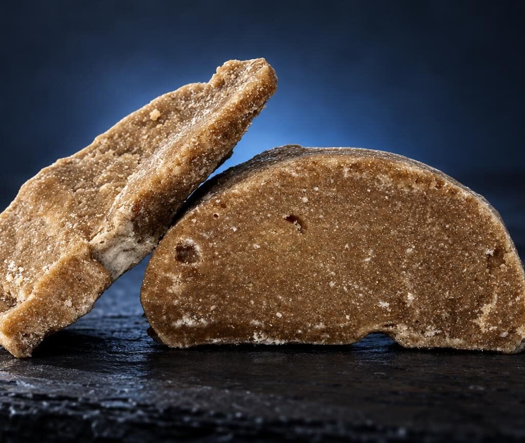 Deux morceaux de frozen hash de couleur dorée et beige, à texture granuleuse, posés sur surface noire