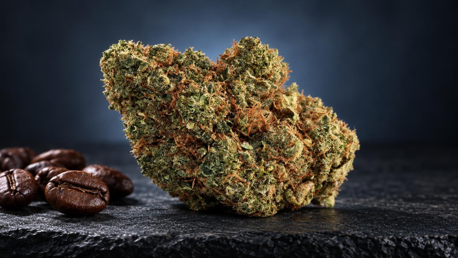 Flor de G Scout Cookies con tonos verdes y naranjas junto a granos de café sobre superficie oscura