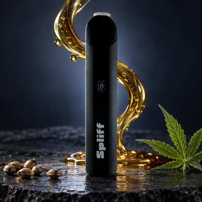 Vaporisateur noir Magic Vape entouré de feuilles de cannabis et de gouttes dorées, symbole de la culture associée à Ganja