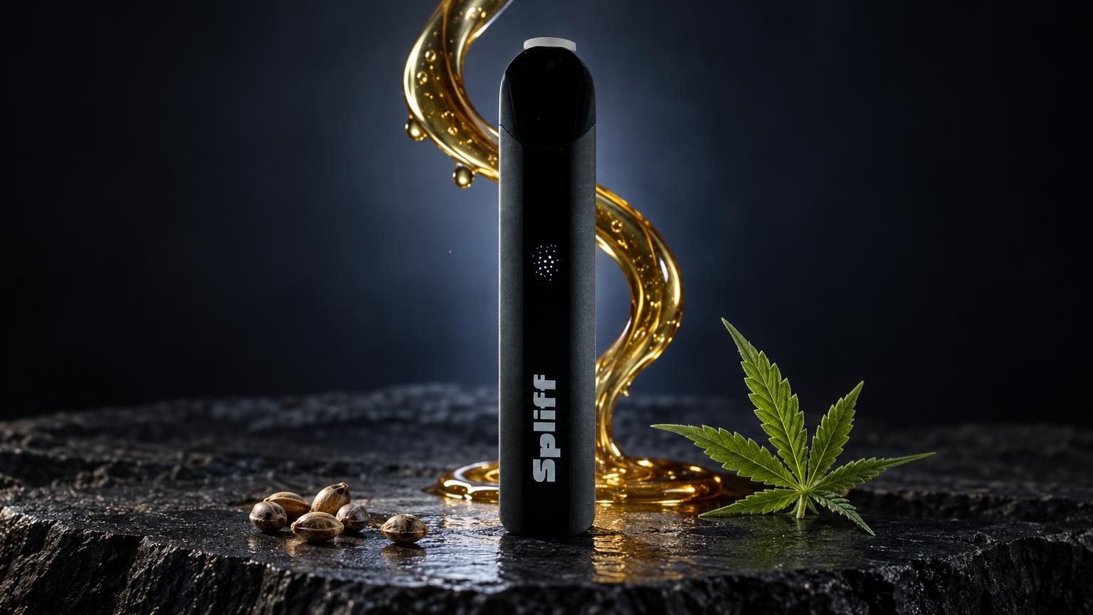 Vaporisateur noir Magic Vape entouré de feuilles de cannabis et de gouttes dorées, symbole de la culture associée à Ganja