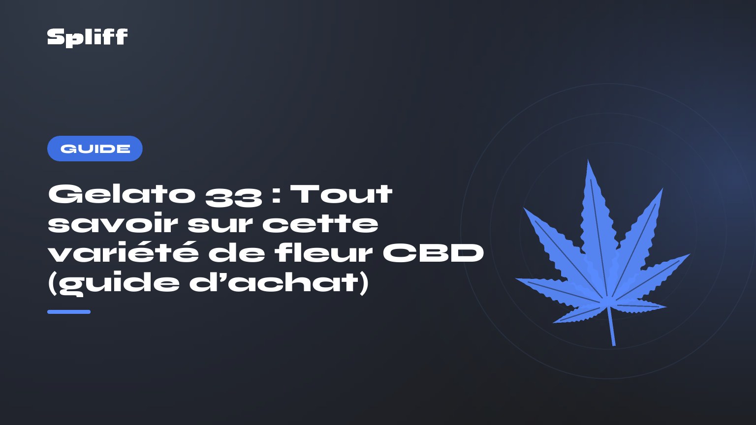 Gelato 33 : Tout savoir sur cette variété de fleur CBD (guide d’achat) — titre sur fond sombre, feuille de chanvre stylisée