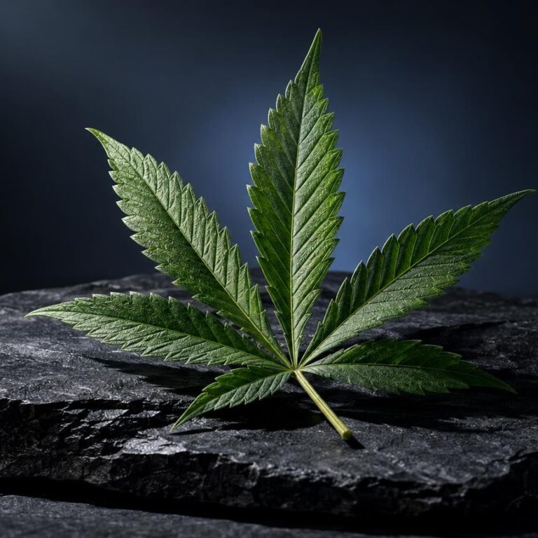 Gummies THC : feuille de cannabis verte aux cinq folioles typiques, posée sur une pierre noire, fond bleu sombre