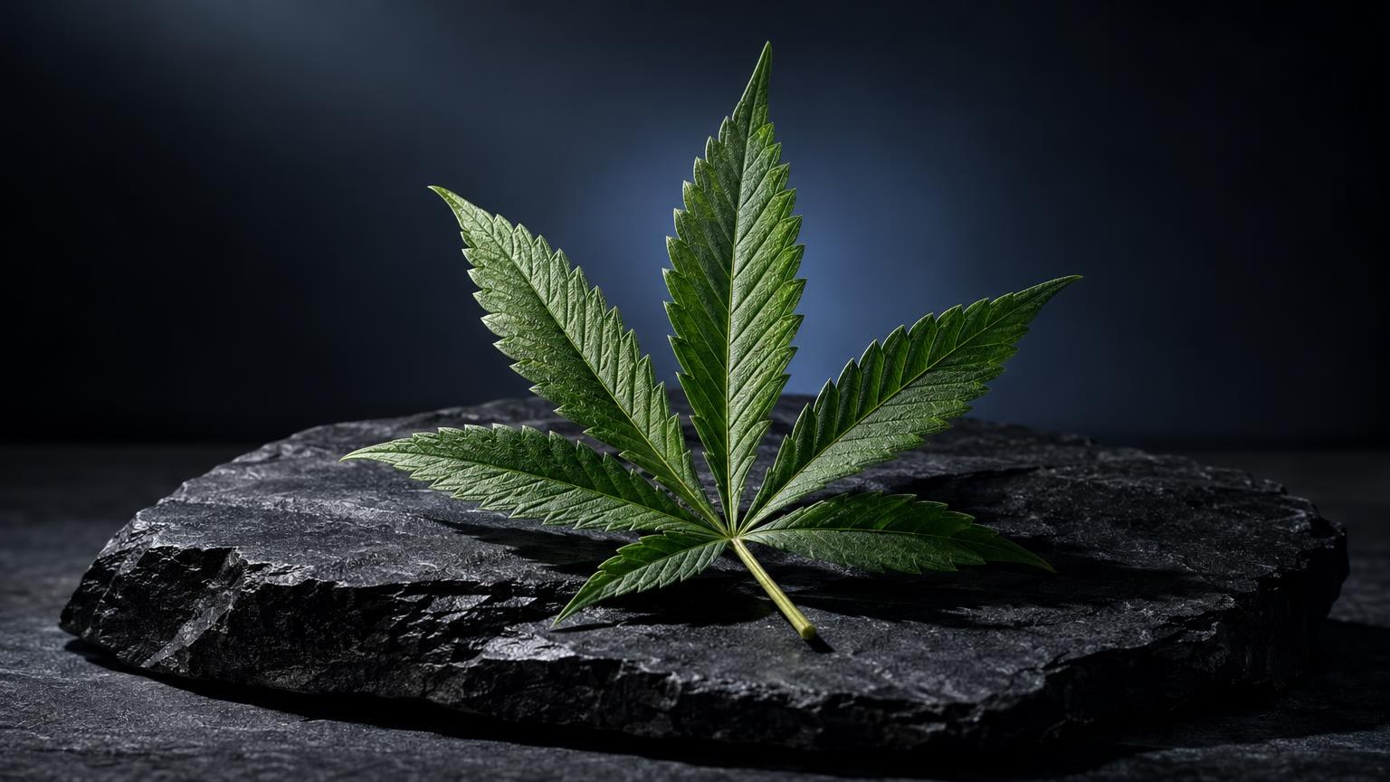 Gummies THC : feuille de cannabis verte aux cinq folioles typiques, posée sur une pierre noire, fond bleu sombre