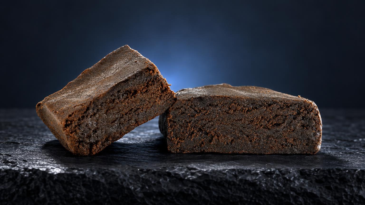 Hachís blanco: dos bloques compactos de Kashmir Hash con textura granulada marrón claro, sobre superficie oscura