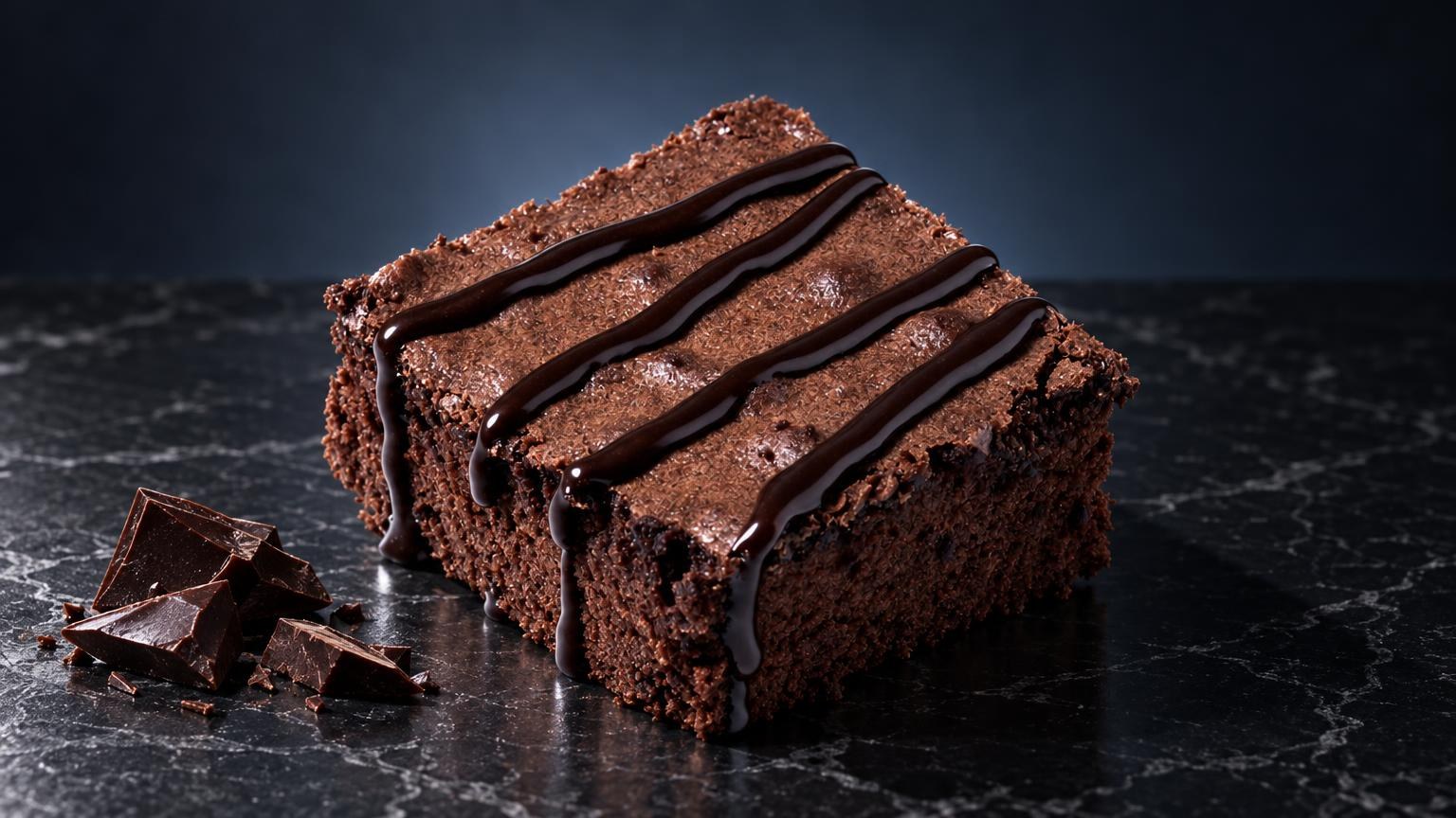 Hash Brownie kaufen: quadratisches Schokoladenbrownie mit dunkler Glasur auf schwarzer Oberfläche, daneben Schokoladenst