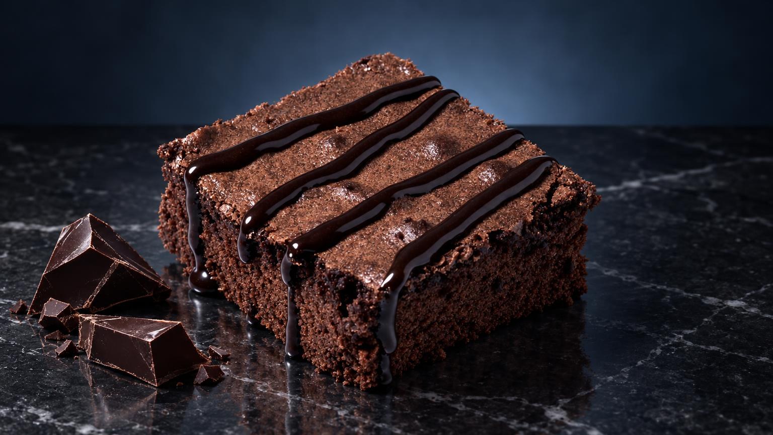 Schokoladenkuchen mit glĂ€nzender dunkler Ganache auf schwarzem Marmor, daneben SchokoladenstĂŒcke