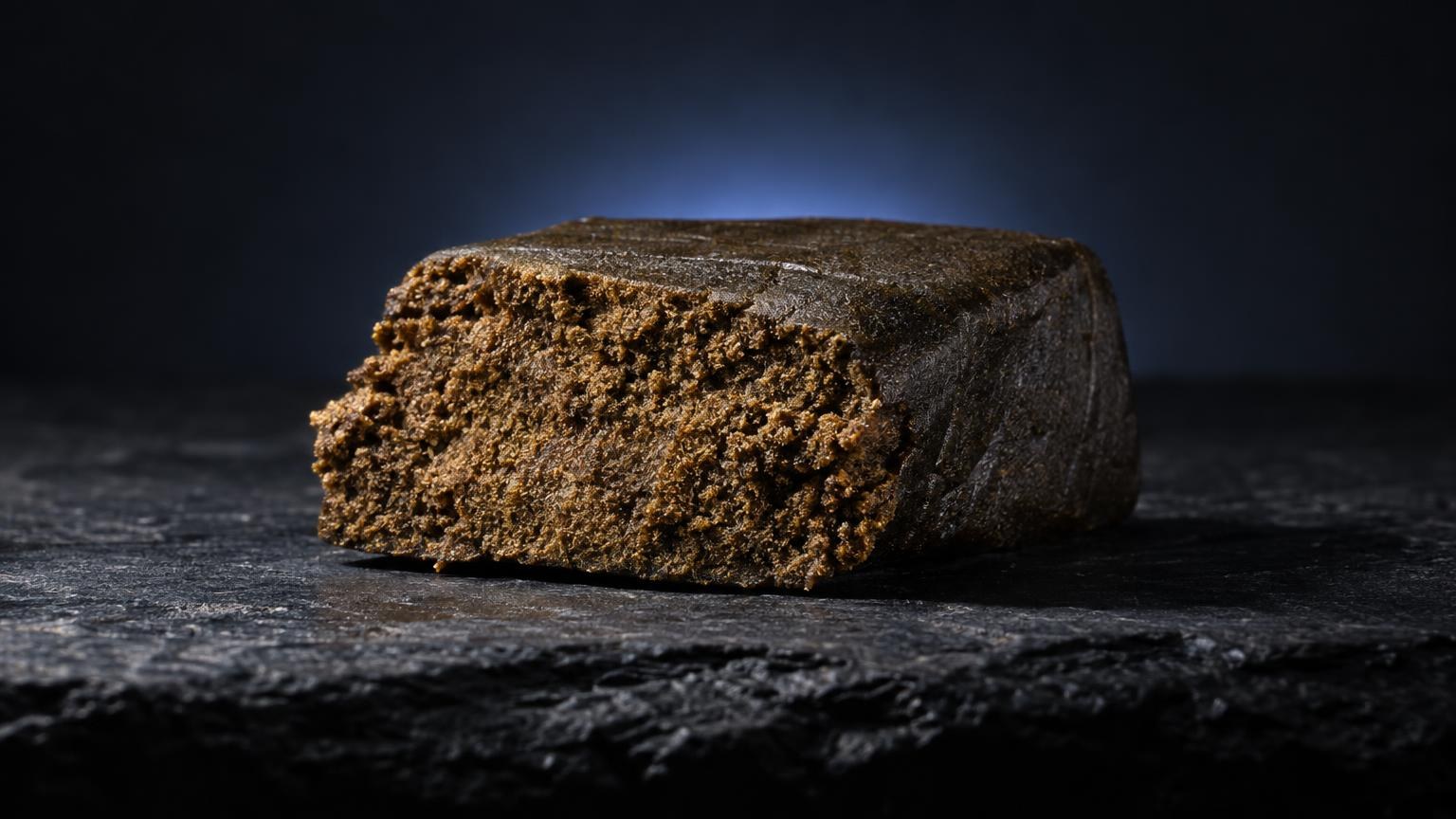 Hash shop: blocco di hash con texture granulosa dorata e superficie scura, su sfondo nero