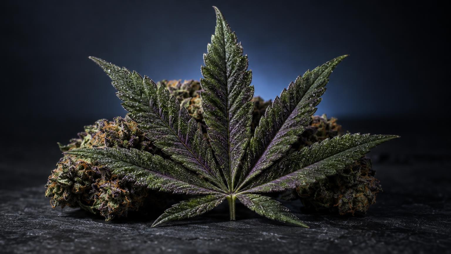 Hazy purple : feuille caractéristique à sept folioles avec nervures prononcées, entourée de fleurs denses, sur fond sombre