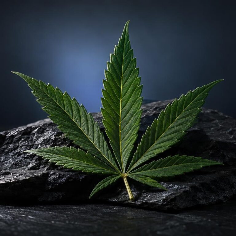 Feuille de cannabis aux sept folioles vertes sur une pierre grise, fond sombre, illustration du contexte botanique du HHC