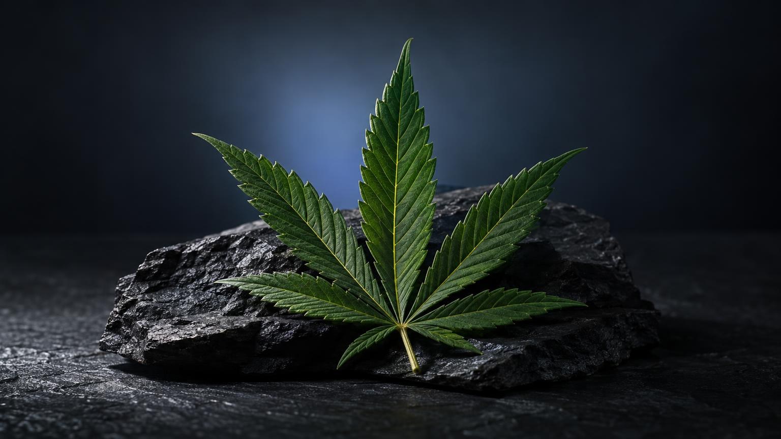 Feuille de cannabis aux sept folioles vertes sur une pierre grise, fond sombre
