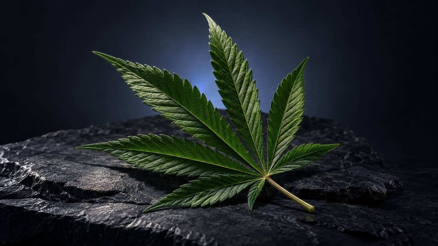 Hoja de cannabis con cinco foliolos sobre piedra oscura, representando el debate legal del hhc españa