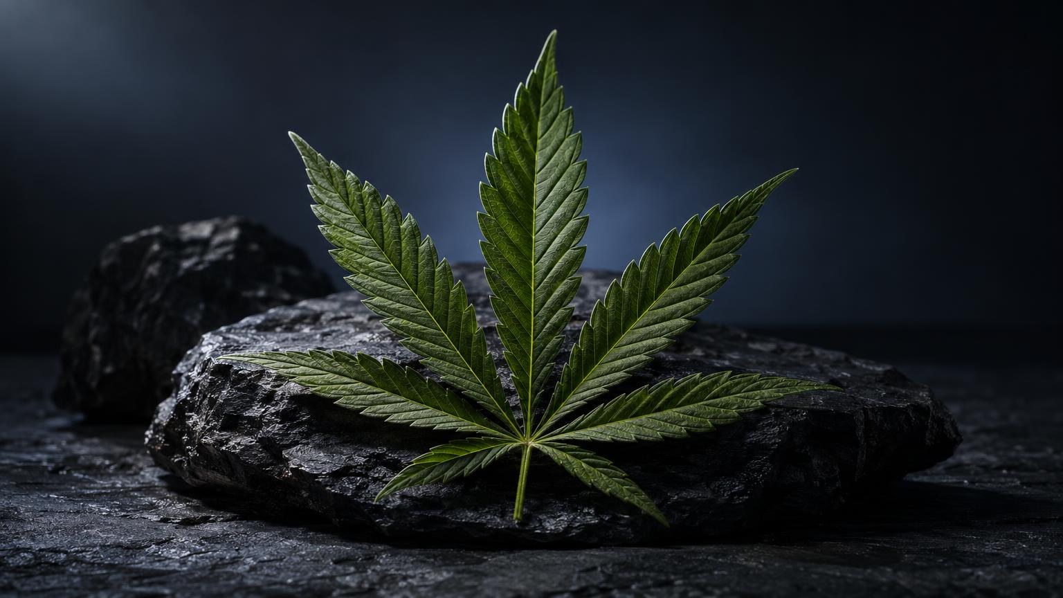 Grünes Cannabisblatt auf dunklem Stein, Hintergrund dunkelblau